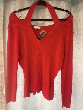 sofia by sofia vergara Red Off‑the‑Shoulder Ribbed V‑Neck Sweater